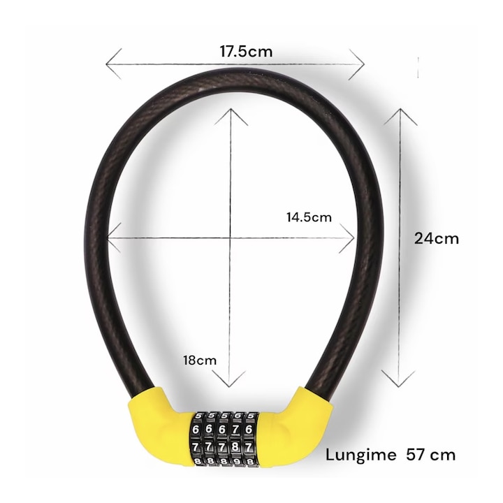Lacat antifurt cu cifru pentru motocicleta, bicicleta, scuter si trotineta, universal, negru-galben, otel spiralizat si PVC, rezistent la apa si praf, lungime 57 cm