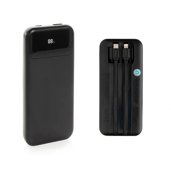 Външна батерия 10 000 mAh, Ronic X, супер бързо зареждане, високоскоростна технология PD 20 W, 2 интегрирани кабела (USB-C, Lightning), 2 порта, LED екран, двупосочно зареждане, съвместим с iOS/Android, преносим, черен, PowerBank