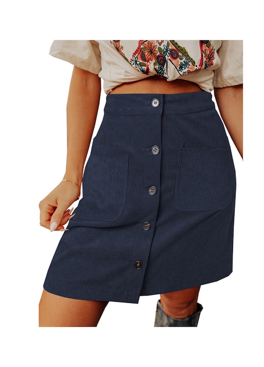 Елегантна синя пола с копчета с висока талия за парти