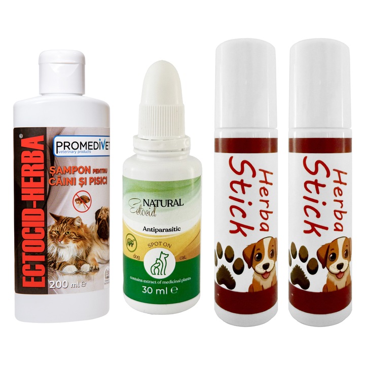 Pachet Antiparazitar Picaturi Spot On Natural pentru Capuse, Purici, Paduchi, Scabie, Muste, Tantari, Furnici, Viespi 30ml, Sampon Antiparazitar Ectocid Herba 200ml, pentru Caini si Pisici si Stick Roll On pentru previne craparea labelor, 2x10 ml