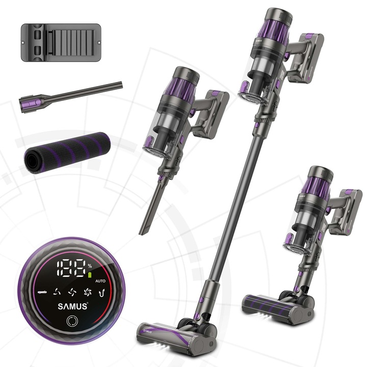 Aspirator vertical fara fir Samus Typhoon Ultra Power, 500 W, Trepte de putere: 4 (Eco, Standard, Max, Auto), Putere de aspirare maxima: 34 kPa (160 W), Functie iSense, Gri/mov
