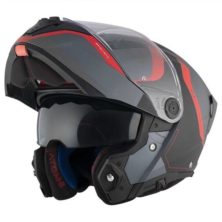 Casca flip-up modulabila pentru atv, moto, touring MT Atom 2 cu ochelari integrati, gri-rosu mat, M 57-58cm