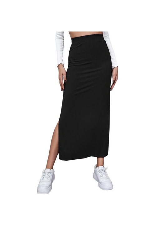 Дълга пола по тялото с цепки, висока талия, еластична, черна, издръжлива материя