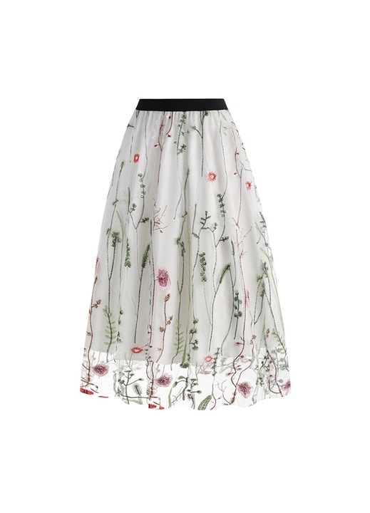 Елегантна пола с флорална бродерия, с еластична талия, Бял