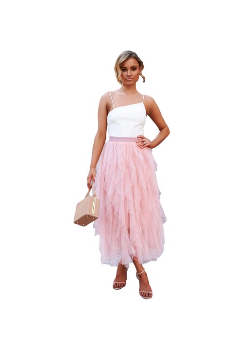 Миди пола от тюл, висока талия, неравен подгъв, розово, полиестер