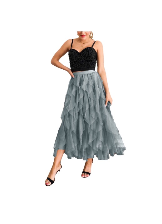 Пола от тюл, до прасеца, ластик, висока талия, сива, дантела, за парти