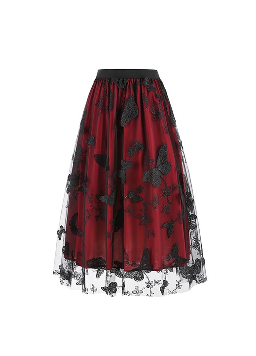 Развяваща се пола от тюл, виненочервена, еластична талия, елегантна