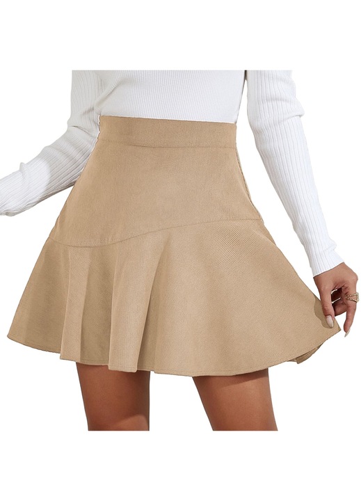 Къса пола, висока талия, А-силует, чист цвят, течна