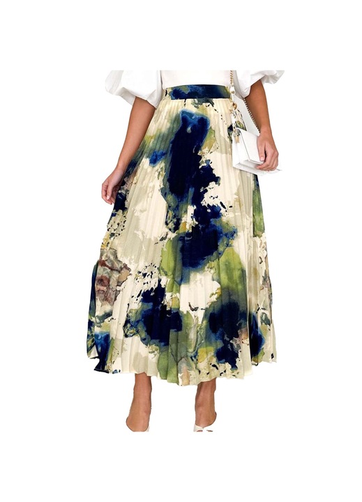 Дамска дълга плисирана пола с А-силует, флорален принт, плавна, елегантна, ежедневна, еластична, висока талия, макси