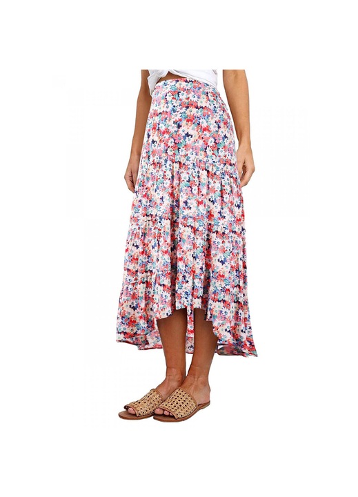 Миди пола, щампа, асиметрична талия, синьо/червено, изработена от качествена материя