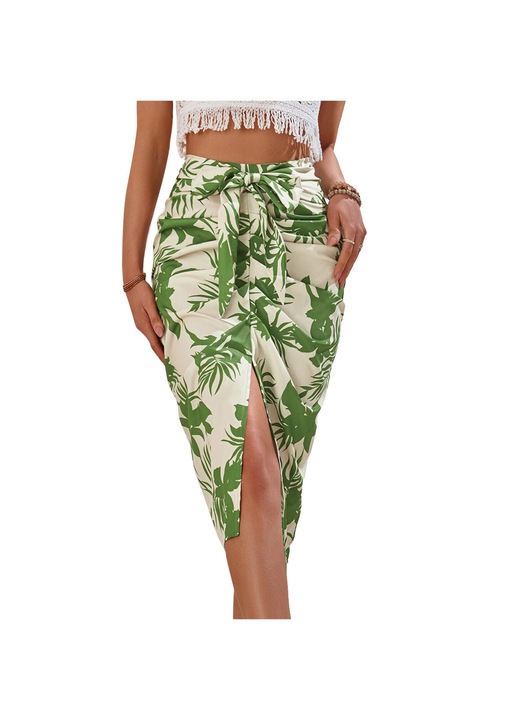 Пола с талия, зелено/бежово, изработена от лека материя