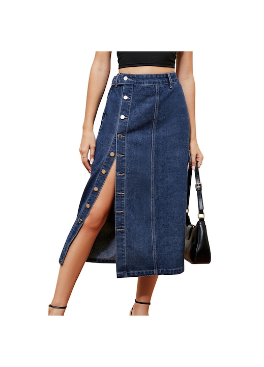 Ежедневна дамска пола, с цепени копчета, синя, изработена от качествена материя