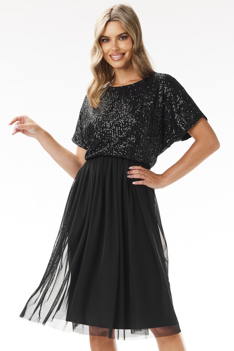Rochie awama, A689, neagra, din paiete, poliester-elastan