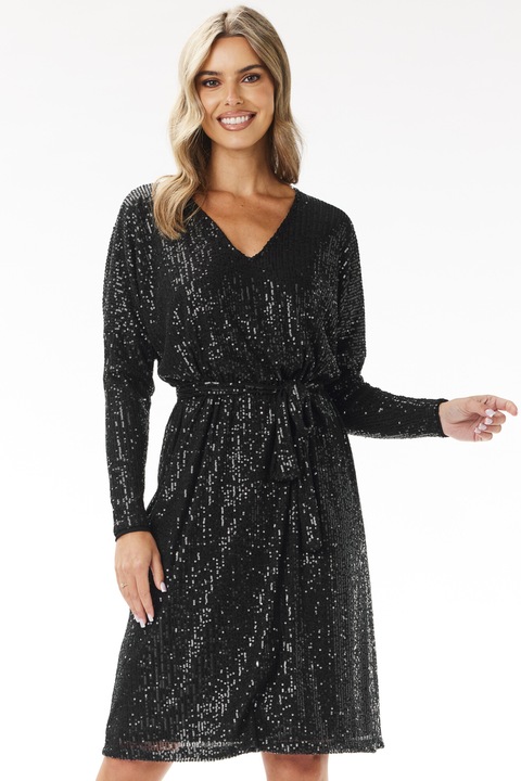 Rochie midi trapez Awama, decolteu V, paiete, negru, poliester-elastan