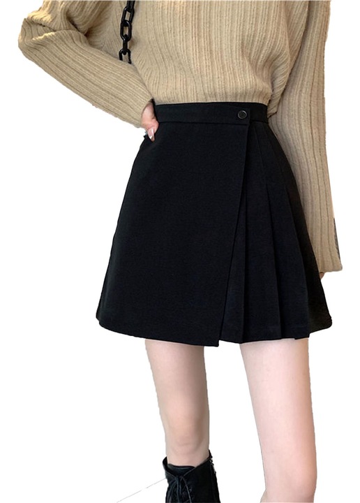 Плисирана мини пола, черна, висока талия, нестандартен дизайн, първокласен материал