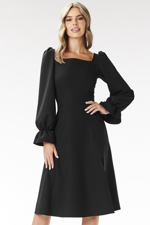 Rochie midi, Awama, decolteu patrat, maneci lungi, neagra, poliester-elastan