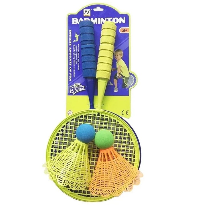 Set Badminton cu 2 rachete si 2 fluturasi, pentru copii 3 ani+, plastic, 43 cm, albastru-verde