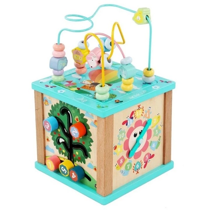 Cub Logic, cu centru de activitati, multifunctional, 5 in 1, pentru copii 3 ani+, din lemn, 30×19×19 cm, multicolor