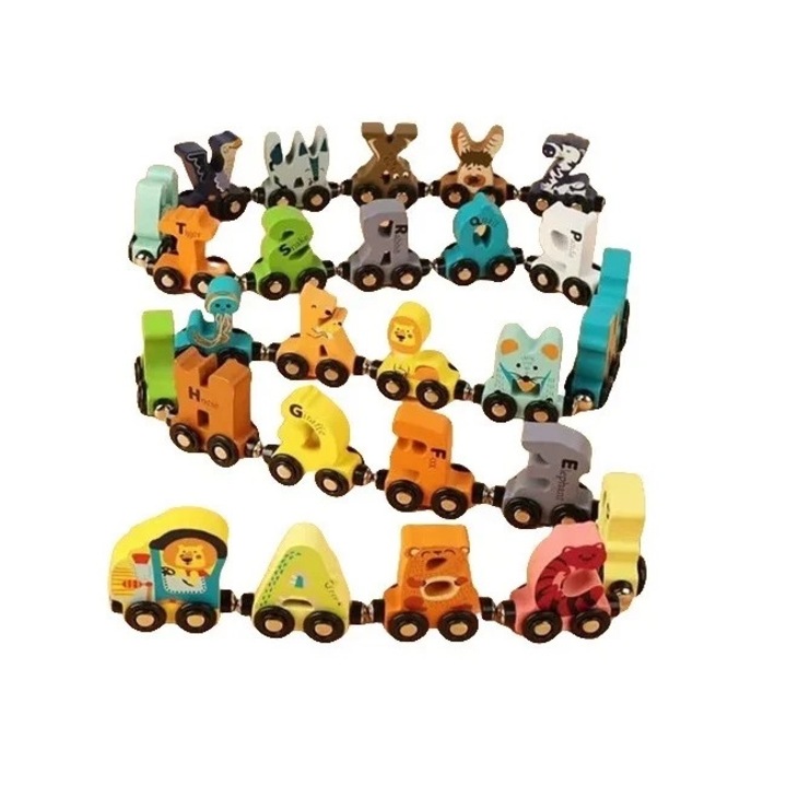 Trenulet cu 26 de vagoane magnetice, cu litere si animale, pentru copii 3 ani+, din lemn, multicolor