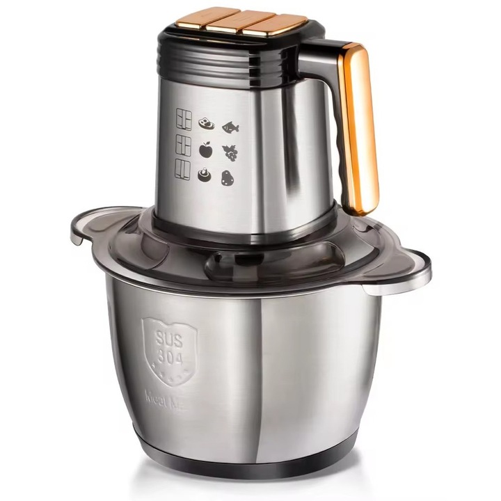 Tocator electric ABYZ A-11414 cu bol de Inox, multifunctional, pentru carne, fructe si legume, capacitate 3 litri, motor 300W, argintiu