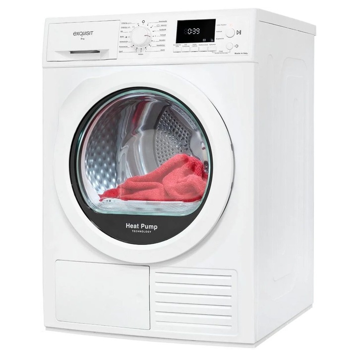 Uscator de rufe cu pompa de caldura, Exquisit, capacitate 9 kg, 15 programe de spalare, Child Lock, functie anti-sifonare, pornire intarziata pana la 24h, indicator curatare filtru de scame, tambur iluminat, afisaj LED, semnal acustic, alb