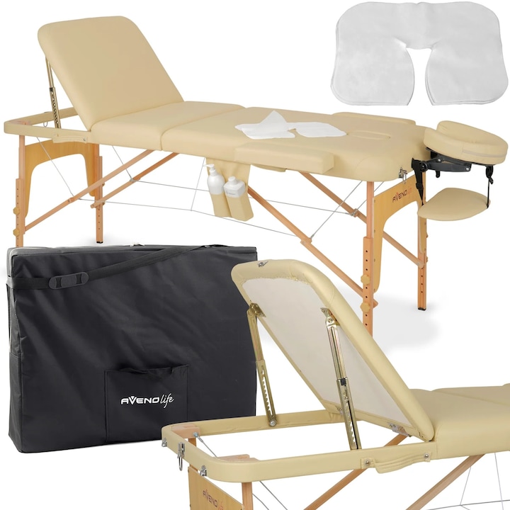 Masa de masaj pliabila, portabila Aveno Life Bianca, 3 segmente, cu cotiere, saltea spuma 5 cm, geanta transport, inaltime reglabila 61-85 cm, dimensiuni 185x70cm, greutate maxima 250kg, piele ecologica, cadru lemn, bej