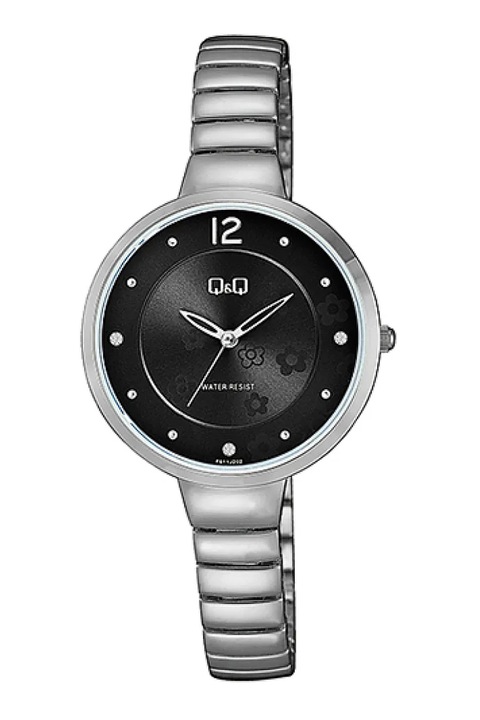 Q&Q, Rozsdamentes acél karóra kristályokkal díszítve, Ezüstszín