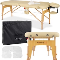 Masa de masaj pliabila, portabila universala Aveno Life Sofia, cu tetiere, saltea spuma 5 cm geanta transport, inaltime reglabila 61-85 cm, greutate maxima 250 kg, dimensiuni 185x70cm, Piele ecologica, Cadru Lemn, Bej