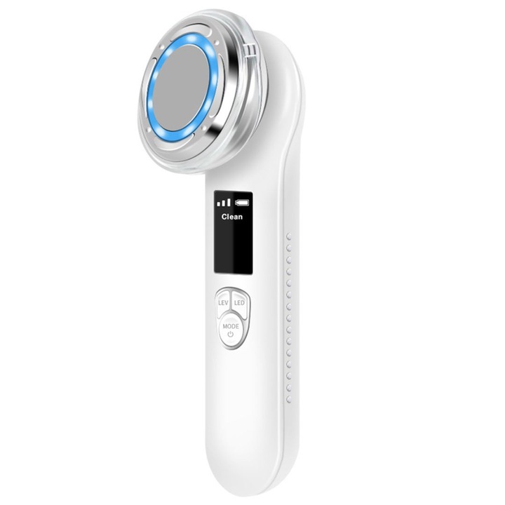 Устройство за лифтинг на лице, EMS (електромускулна стимулация), червена и синя LED фототерапия, горещо-студена терапия 6°C- 42°C, високочестотни вибрации, против бръчки, тонизиране, подмладяване на кожата, USB акумулаторна, бяла