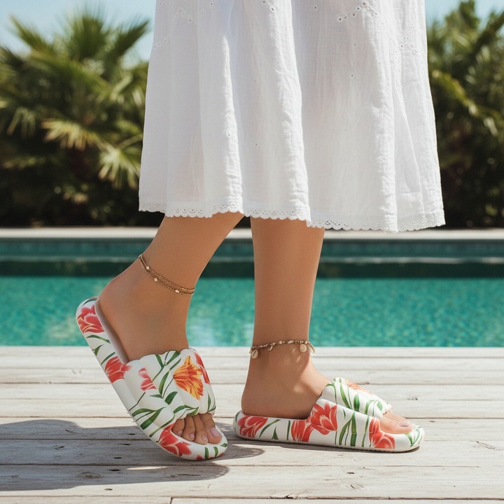 Papuci cu motiv floral H676alb 115025, Alb, 40-41