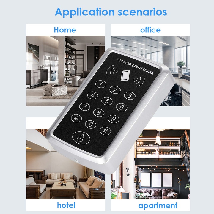 Sistem de Control Acces RFID, BOMSTOM, Capacitate 1000 Utilizatori, Dispozitiv de acces stand alone cu actionare prin cartela de proximitate sau cod, Negru