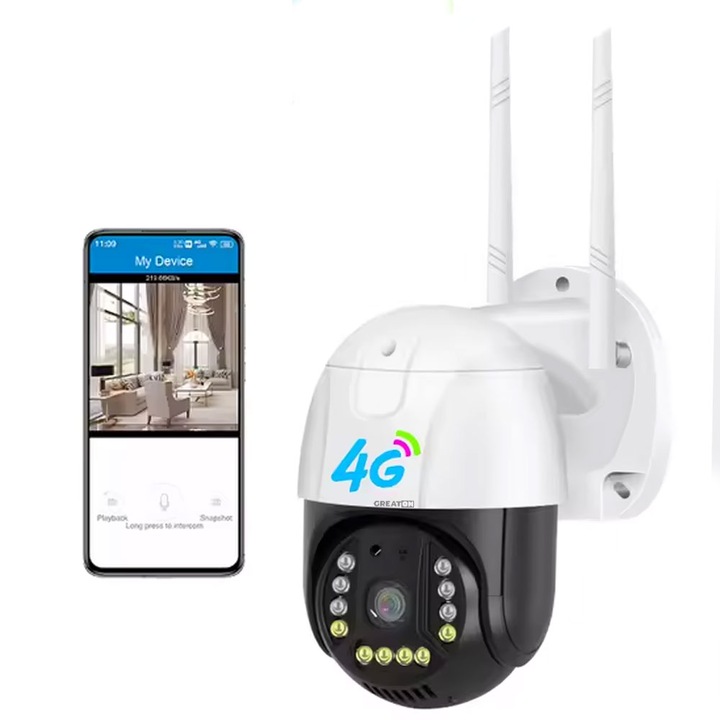 Камера за наблюдение GREATON, 4G връзка, Слот за SIM, Нощно виждане, Двупосочна комуникация, Сензори за движение, Известия за предупреждение, Приложение за телефон, 3 MP, IP66, Черна/бяла