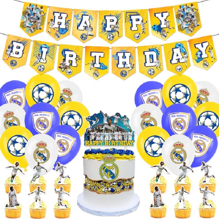 Set 18 Baloane Copii, Real Madrid, Decor Petrecere Aniversara, Baloane Latex Fotbal, Banner 'La Multi Ani', 12 Cupcake Topper + Cake Topper, Tematica Sportiva, Multicolor, Cadou pentru Fani Fotbal