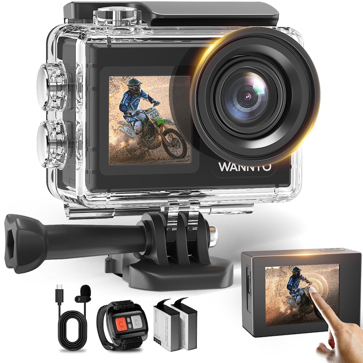 Спортна камера WANNTO Motion 5 Pro, 5K/30FPS, 4K/60FPS, водоустойчивост 40 м, външен микрофон, включен комплект аксесоари