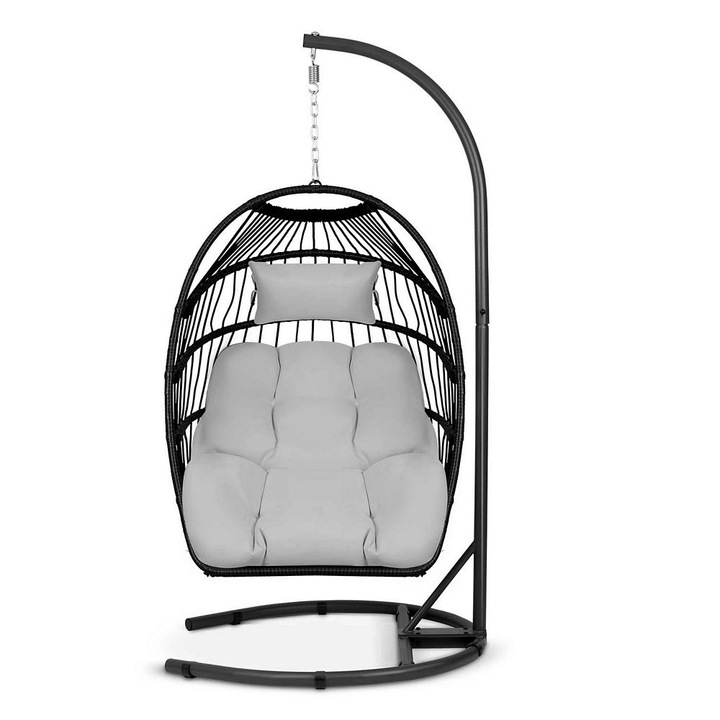 Scaun de gradina suspendat DacEnergy©, cosul din technorattan si sfoara impermeabila, stabil, o baza larga din otel, perne groase si mari, 195 cm, negru si gri