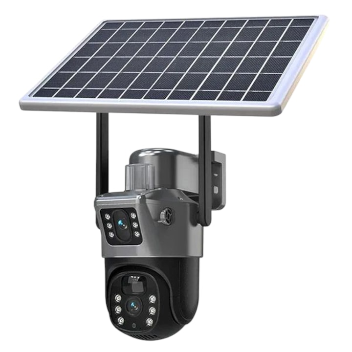 Camera de supraveghere cu vedere dubla si panou solar, conexiune wireless, acumulator 8000 mAh, 4G, 8 megapixeli, rotire automata, night vision color