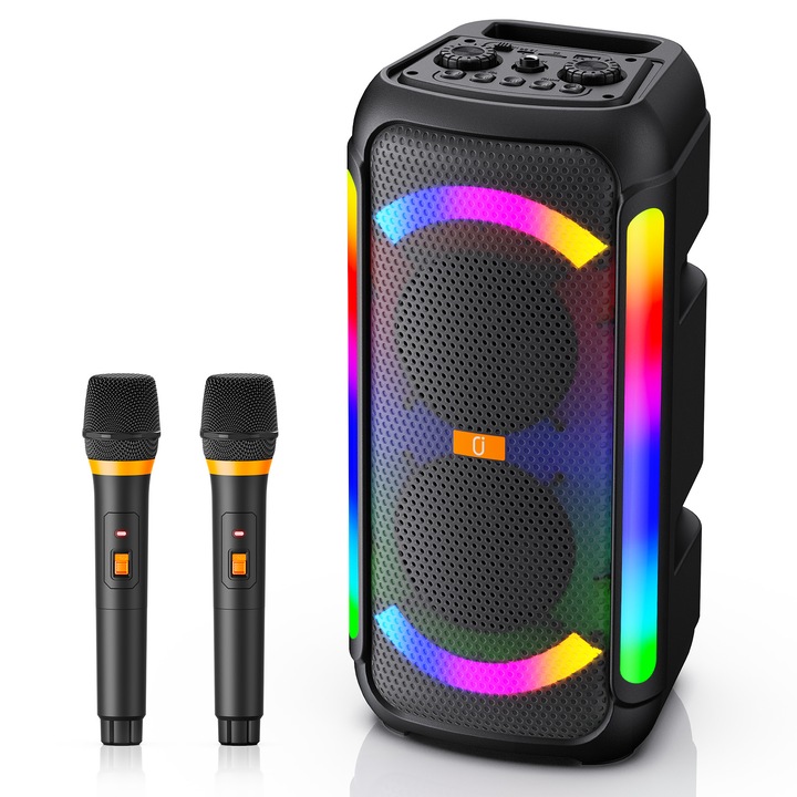 FanFun T30-T hordozható hangszóró 2 vezeték nélküli mikrofonnal, HD sztereó hangzás, fekete szín