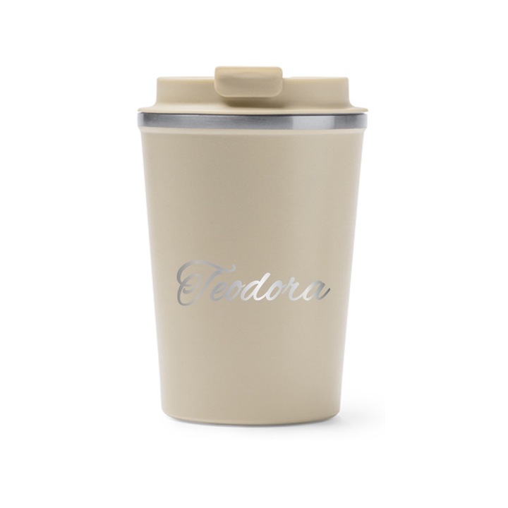 Cana termos Intelli® Travel Mag Okele, Personalizata cu Nume Teodora, Fara BPA, Pastreaza Bautura Fierbinte sau Rece, Capacitate 450 ml, Bej, 1926245 OkBJ 75