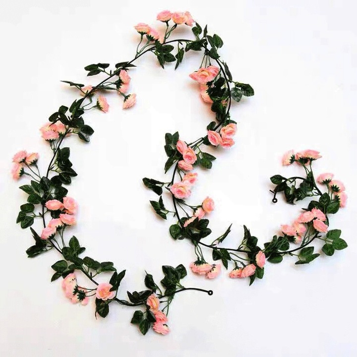 Изкуствено растение рози лоза, 69 рози 1.75 м (розови) сватбена арка стълбищен парапет климатик тръба обвит покрив на навес, окачени вътрешни и външни стени дом градина веранда тераса балкон декорация