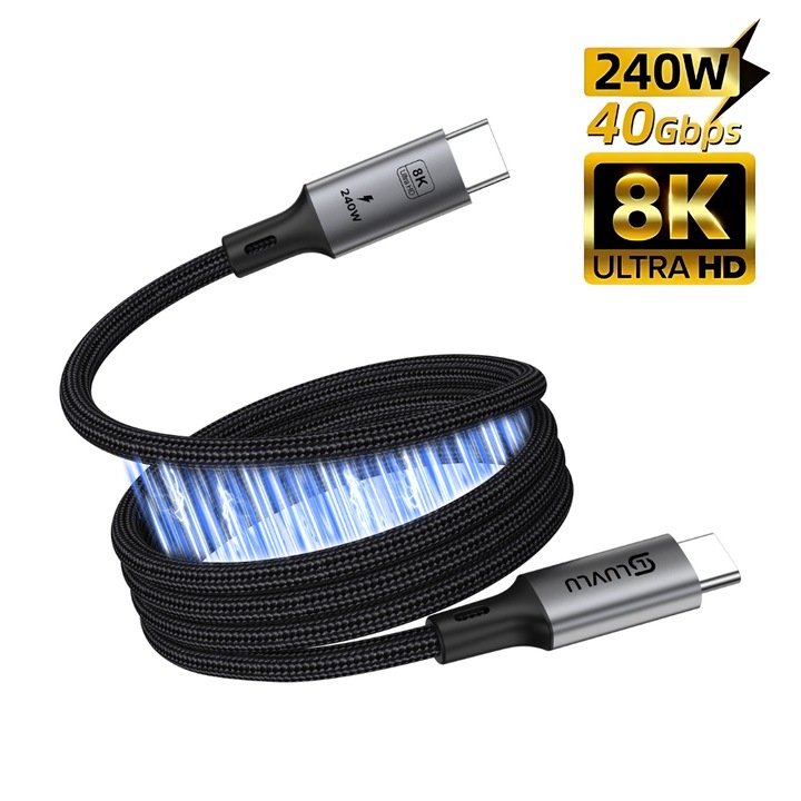 Cablu USB C 4.0 LUVLU®, USB C-C, 8K@60Hz / 4K@144Hz, PD 240W Super Fast Charging, Design magnetic inteligent, Transfer date 40Gbps, Compatibil thunderbolt 4, cablu incarcare super rapida pentru iPhone 16 Pro Max, Galaxy S25, S24, lungime 150cm