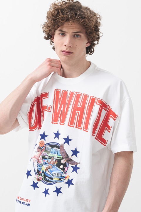 OFF-WHITE, Tricou lejer cu logo si decolteu la baza gatului, Rosu/Albastru inchis/Alb optic, XL