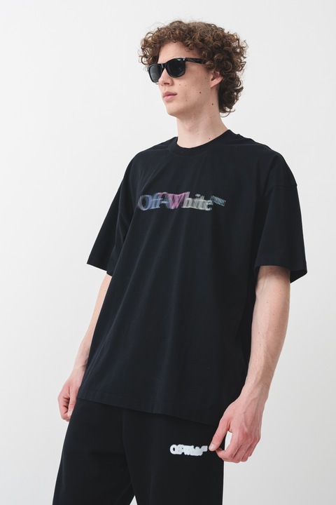 OFF-WHITE, Tricou lejer cu logo si decolteu la baza gatului, Albastru pastel, Negru, Verde pal, S