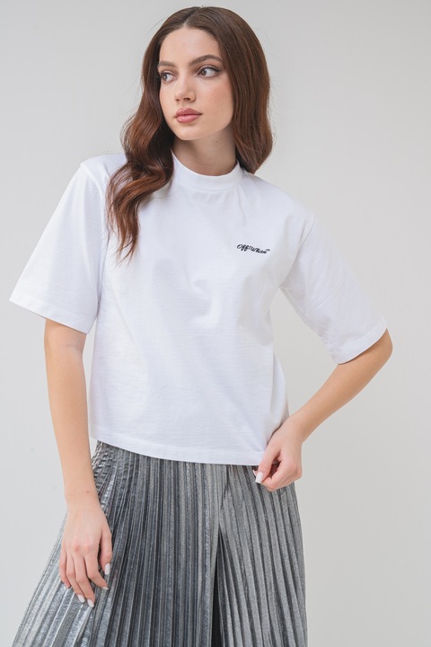 OFF-WHITE, Тениска с овално деколте и бродиран надпис, Избеляло черно/Бял, 2XS