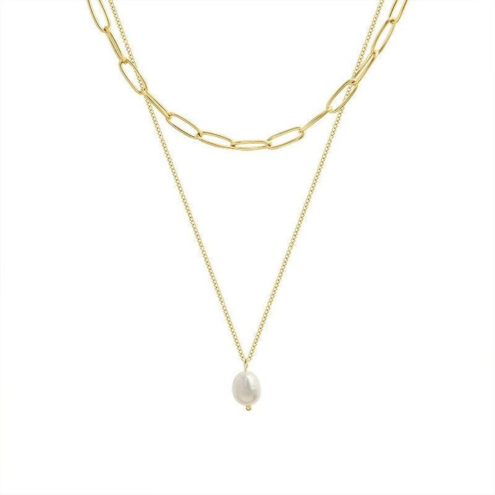 Colier auriu, din otel inoxidabil, in 2 straturi, cu perluta, suflat cu aur 18k, Amadea C1