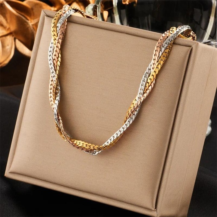 Colier auriu, din otel inoxidabil, impletit, suflat cu aur 18k, Alyda C1