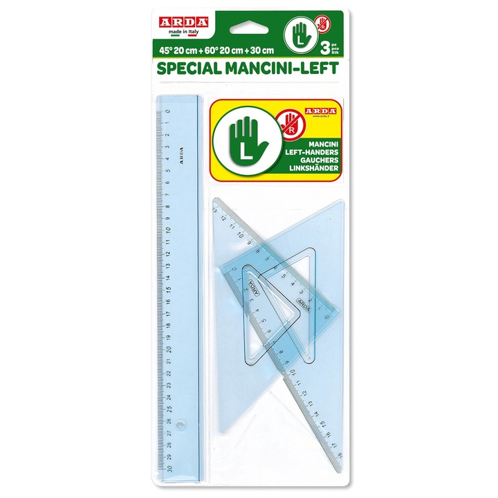 Set geometrie pentru mana stanga, Arda, rigla 30cm, 2 echere 14cm si 20cm, plexiglas