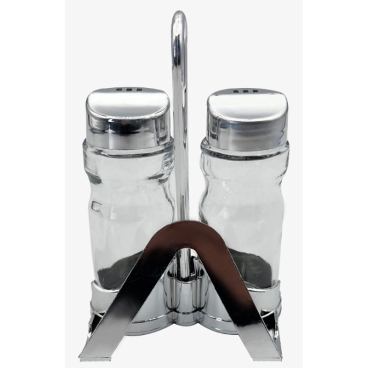 Комплект 2 броя солници и пиперници с поставка, сиви