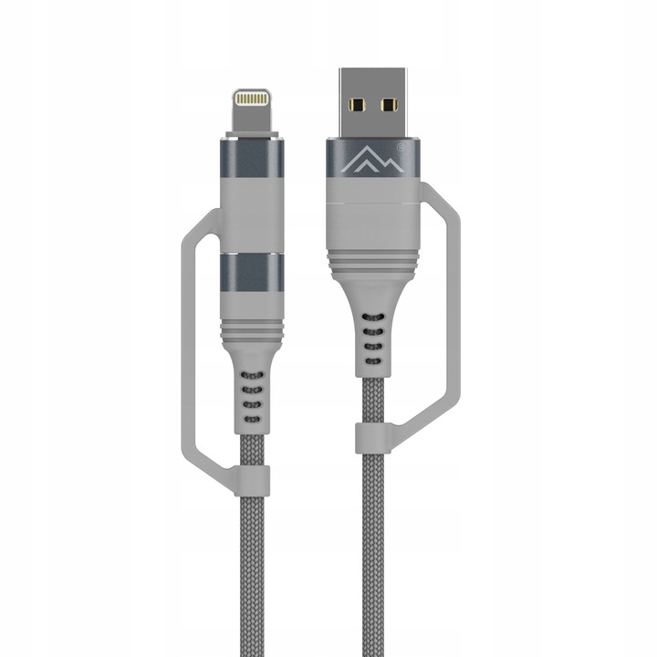 USB кабел 4в1, Mt128, Usb-a, Usb-c, Lightning, Бързо зареждане 65w, Найлонова оплетка, Сив, Дължина 1 м