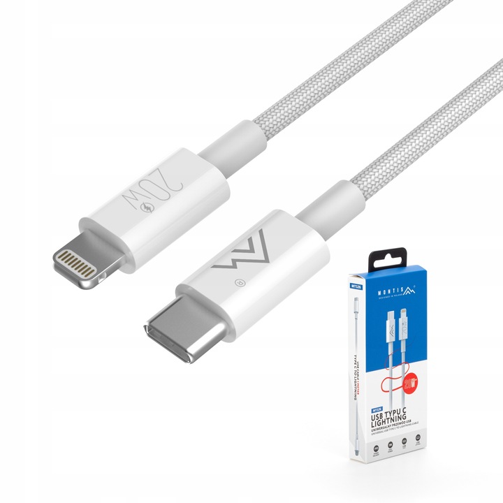 Кабел USB-C към Lightning, Apple, Mt126, бял, 1 m, бързо зареждане 20 w, платнена оплетка, предаване на данни