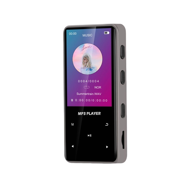 MP3 lejátszó, 64 GB, 2,4 hüvelykes, Bluetooth 5.0, e-könyvek, videó, képek, FM, USB, veszteségmentes hangminőség, rögzítési funkció, kompakt és hordozható, szürke